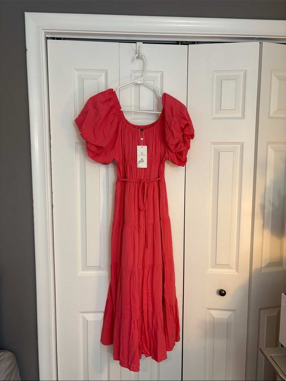 Red Puff-Sleeve Tiered Maxi Dress with Waist Tie